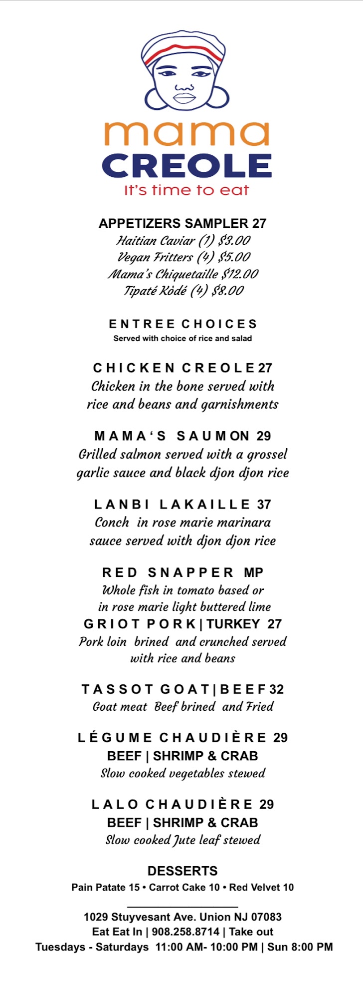 Mama Creole Menu