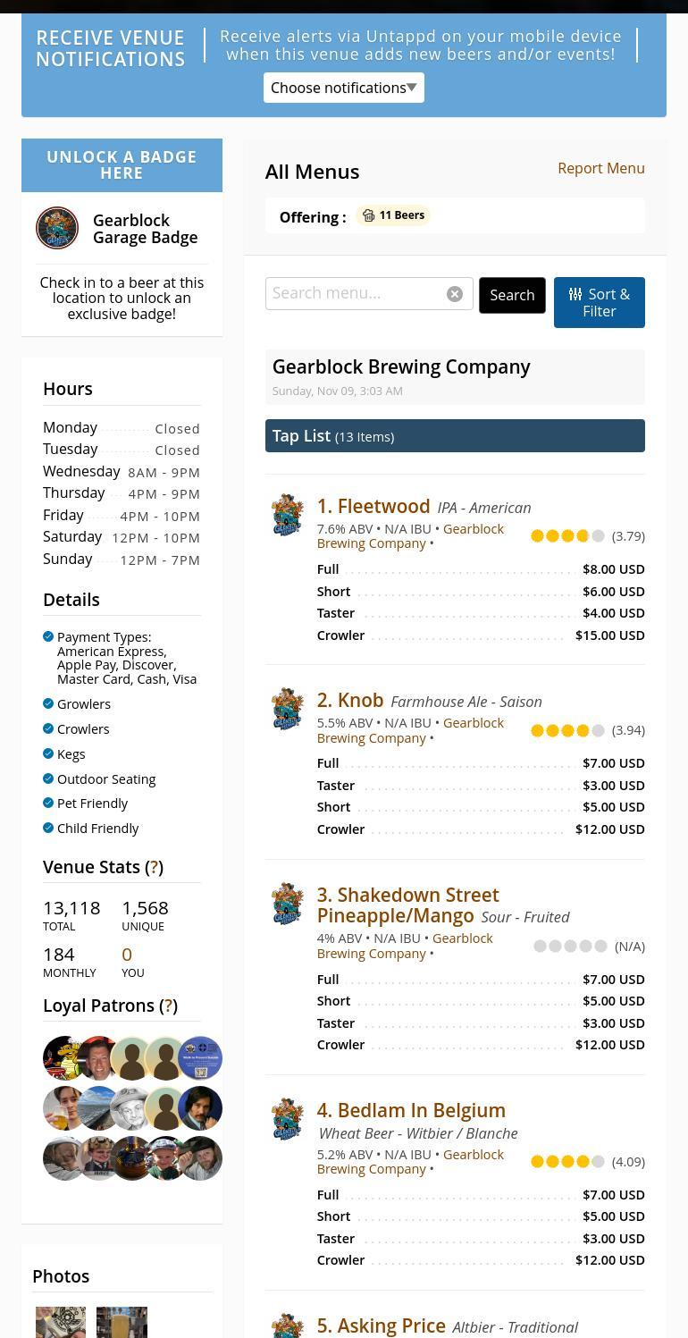 Gearblock Brewing Company Menu