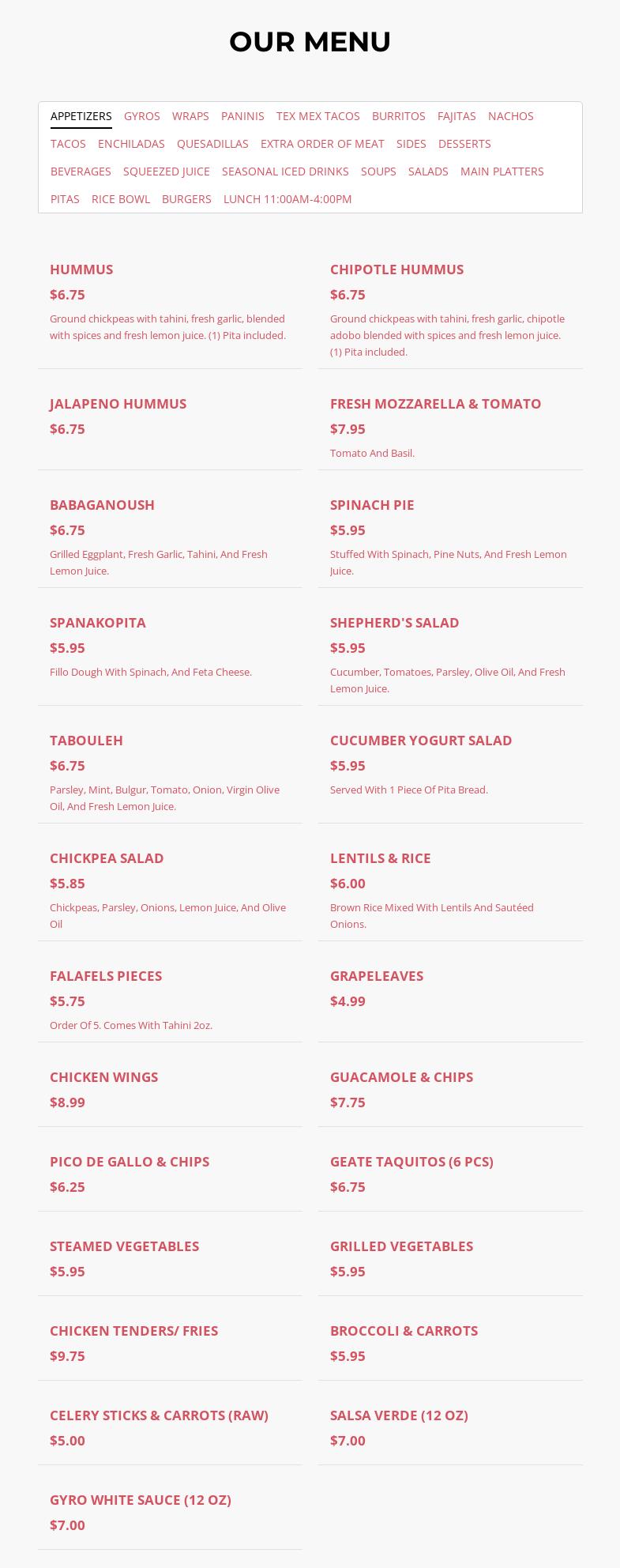 Chickpea Grill Menu