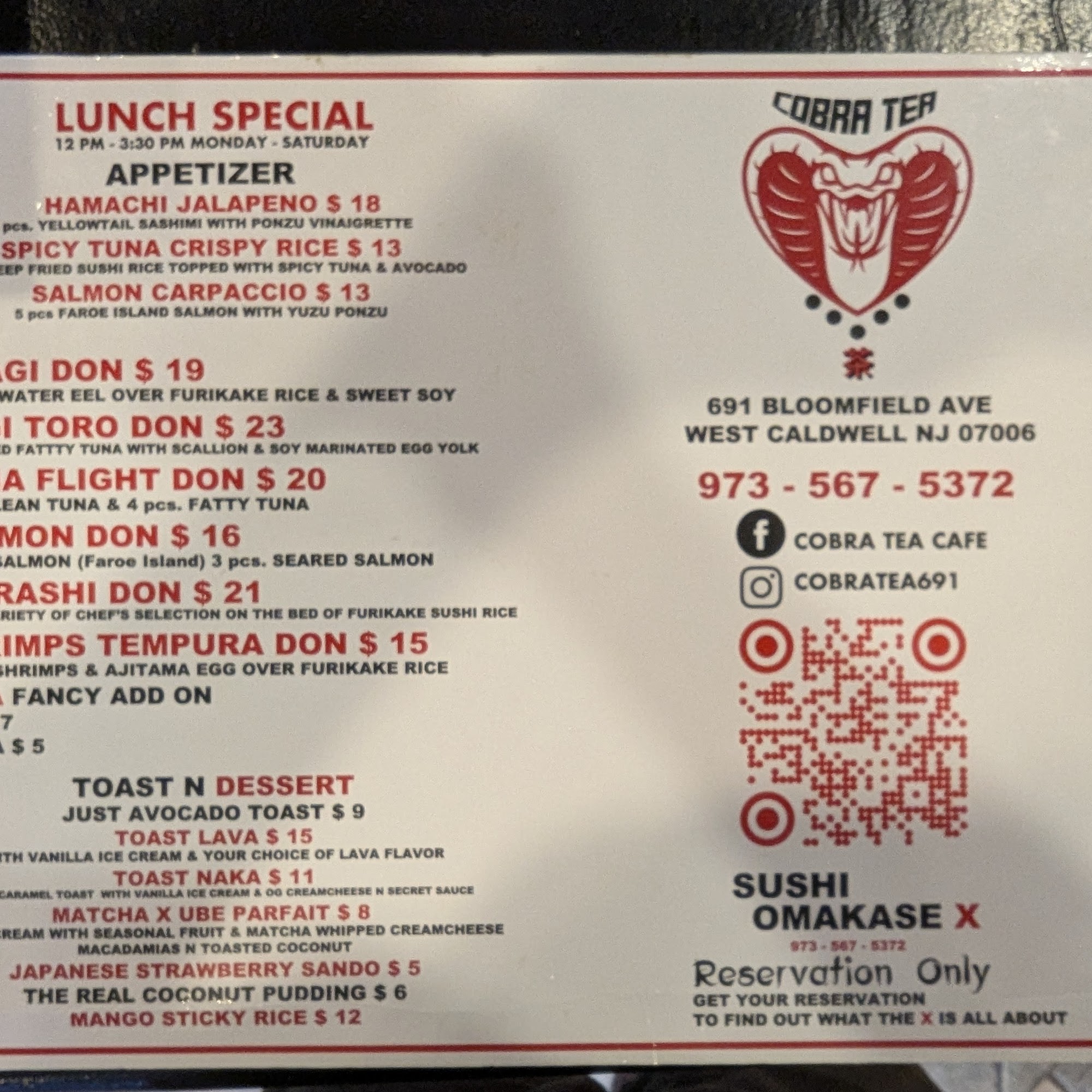 COBRA TEA Menu
