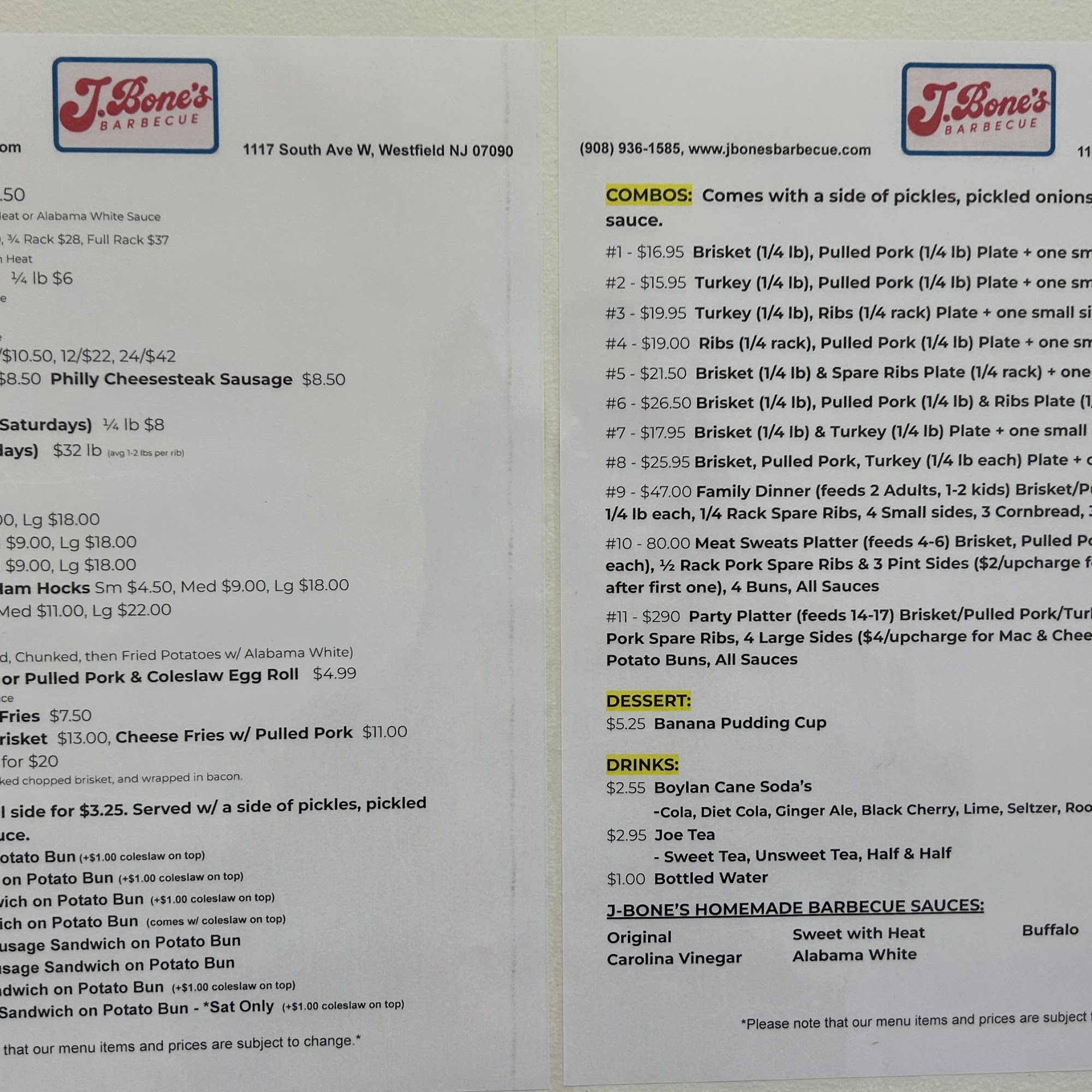 J.Bone's Barbecue Menu