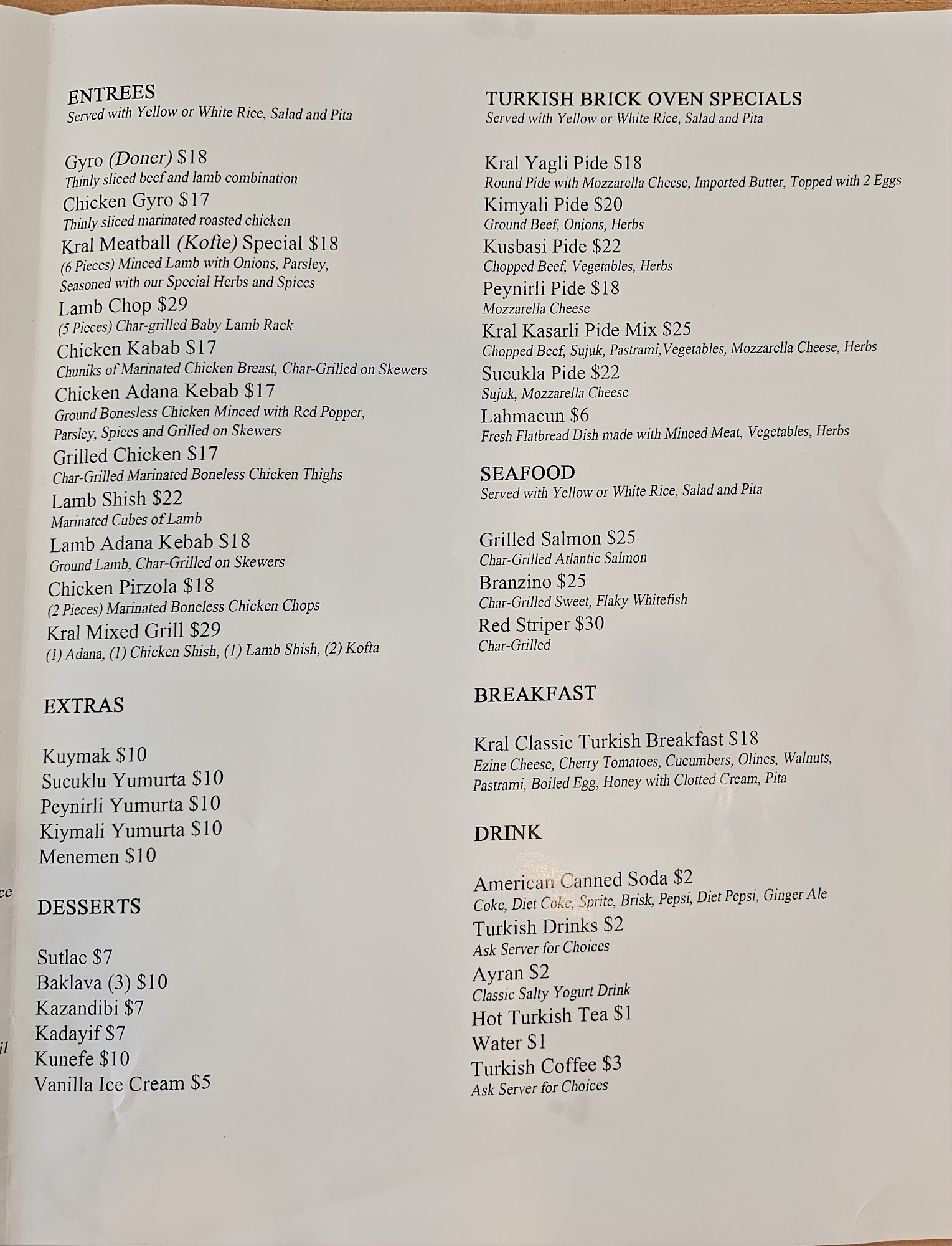 EFENDY Turkish Restaurant Menu