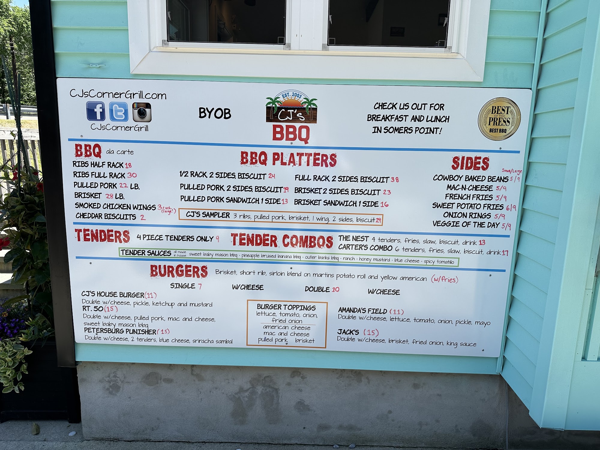 CJ's BBQ: Burgers and Tenders Menu