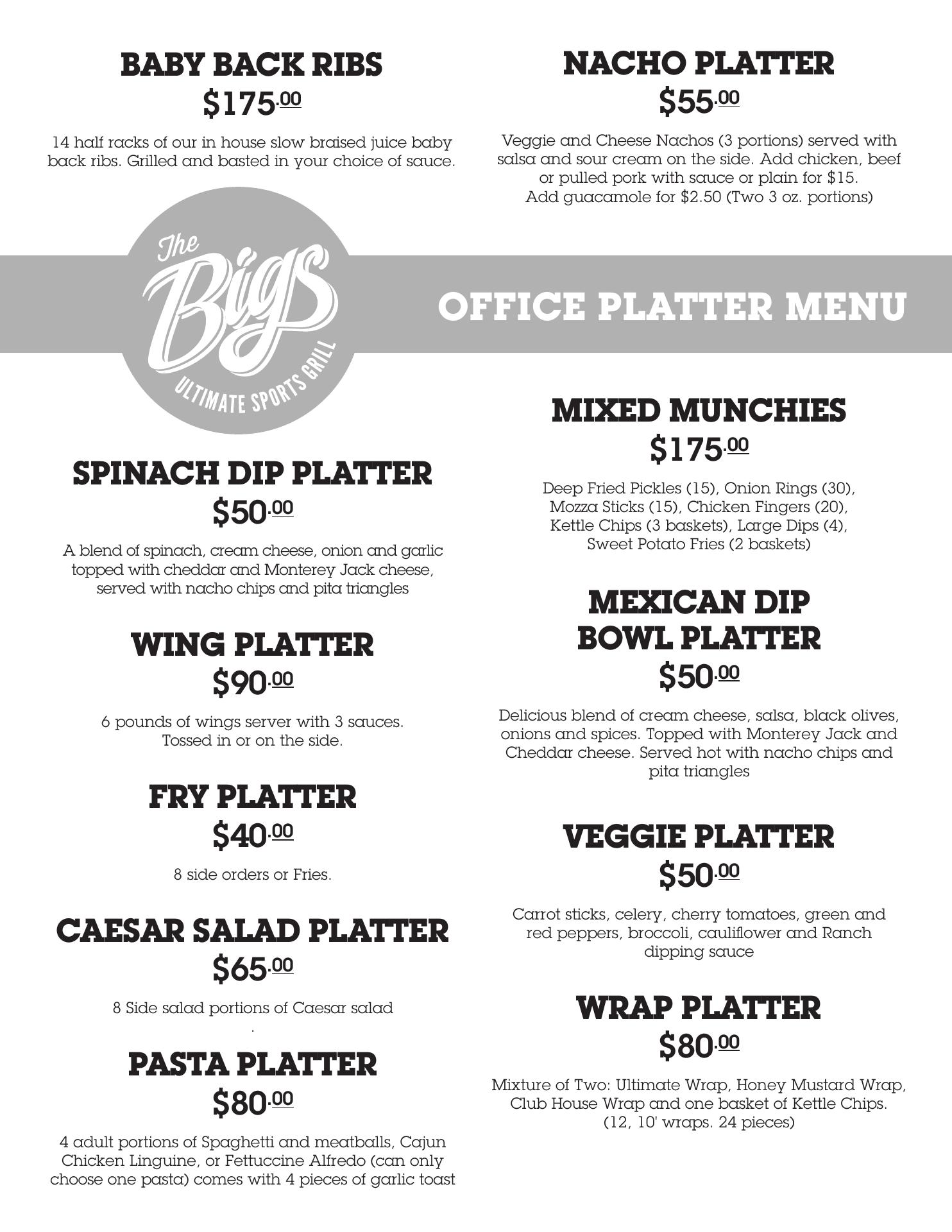 The Bigs Ultimate Sports Grill Menu