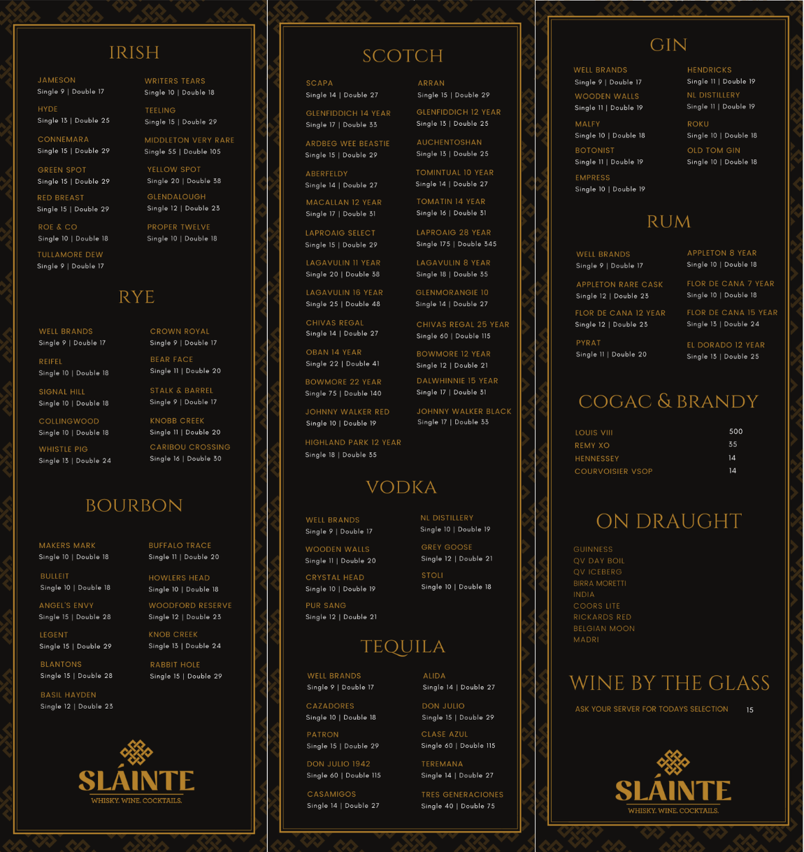 Sláinte Whisky & Wine Menu