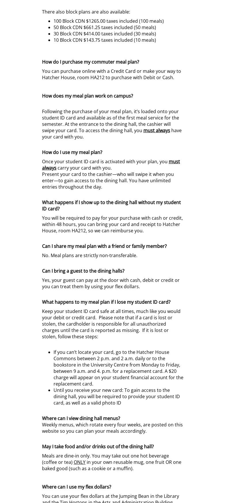 R. Gushue Hall (DH) Menu