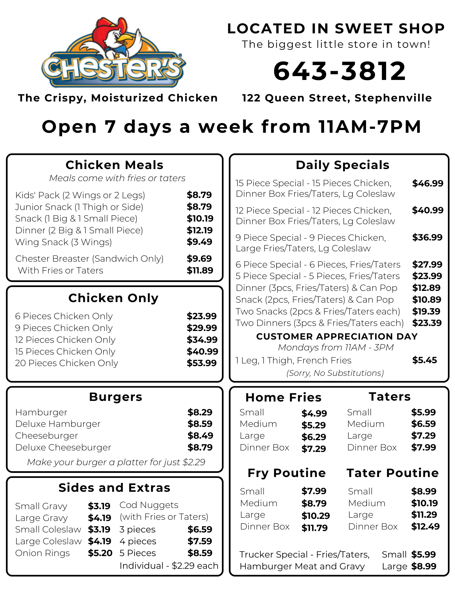 Chester Fried Chicken Menu