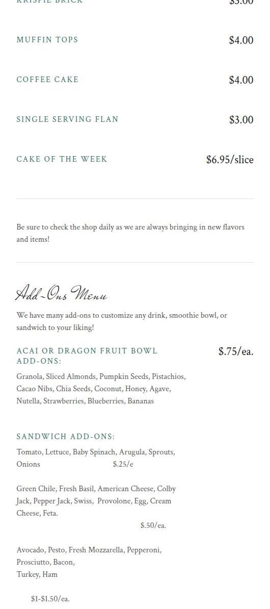 Infinity Sweets Bakehouse & Cafe Menu