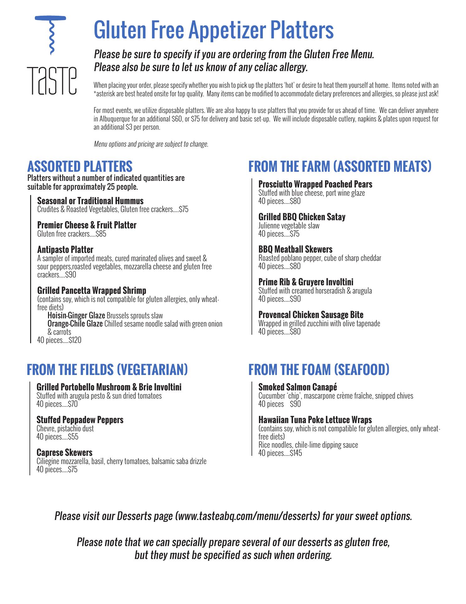 Taste Catering Albuquerque Menu