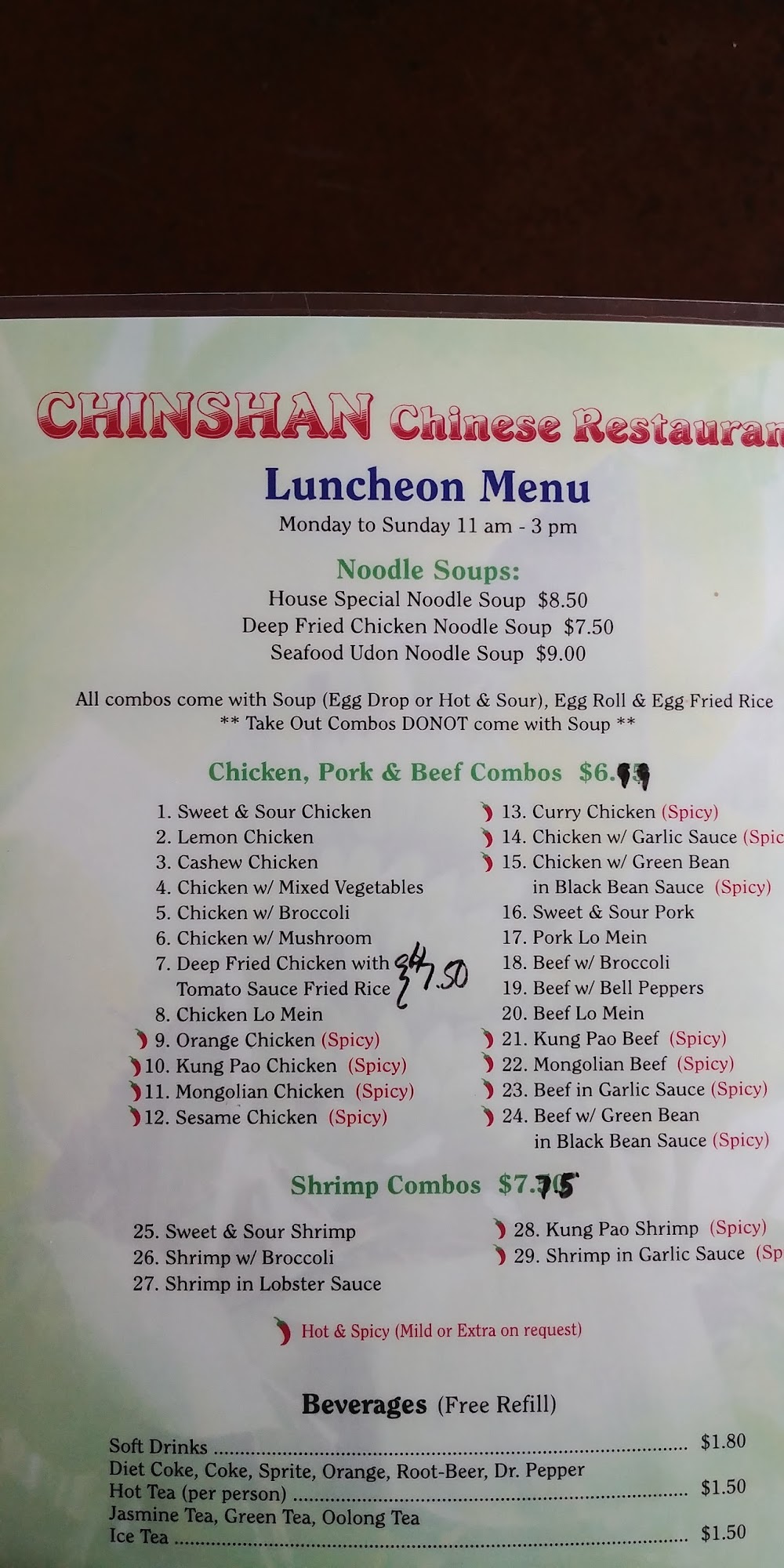 Chinshan Chinese Restaurant Menu