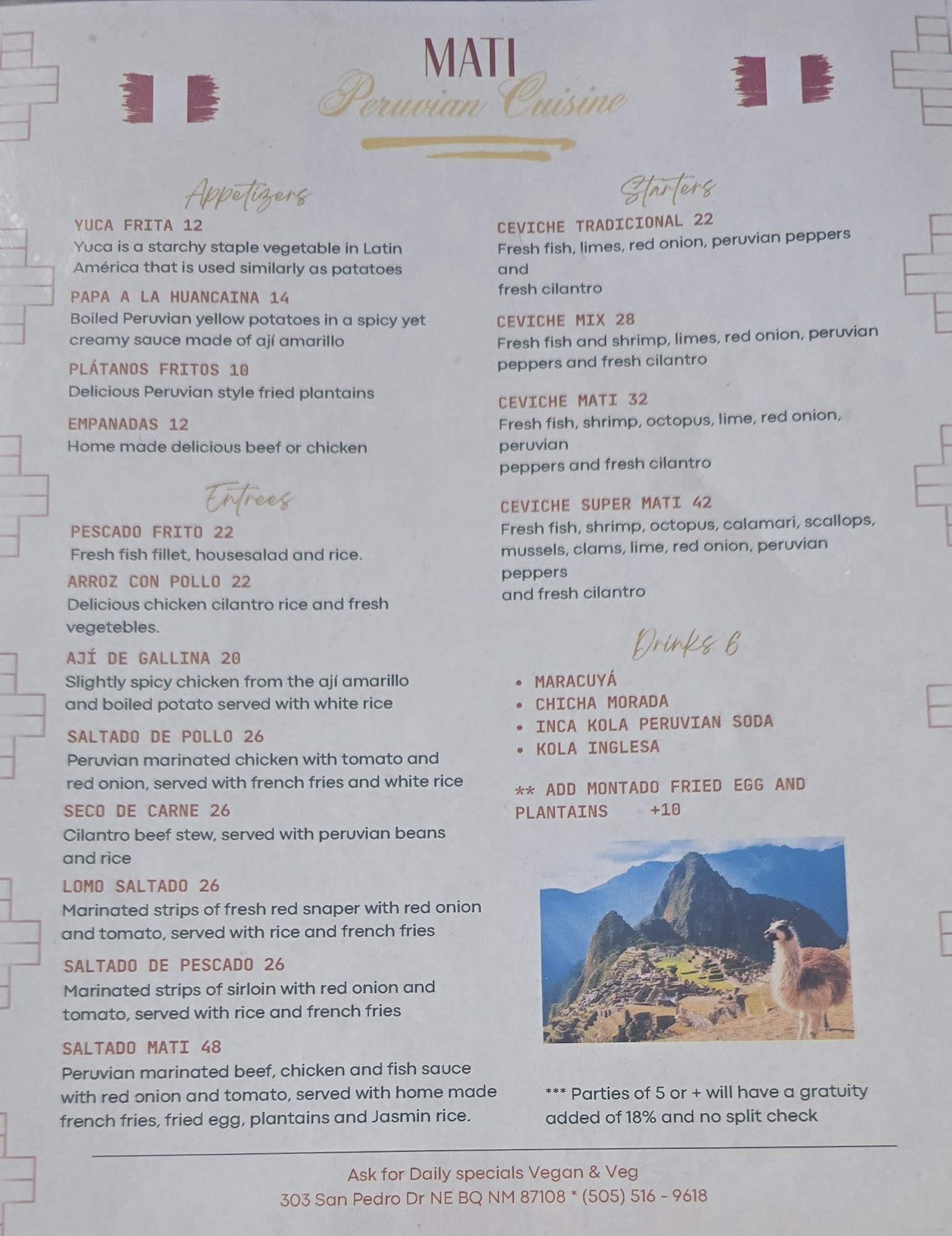Mati Peruvian Cuisine Menu