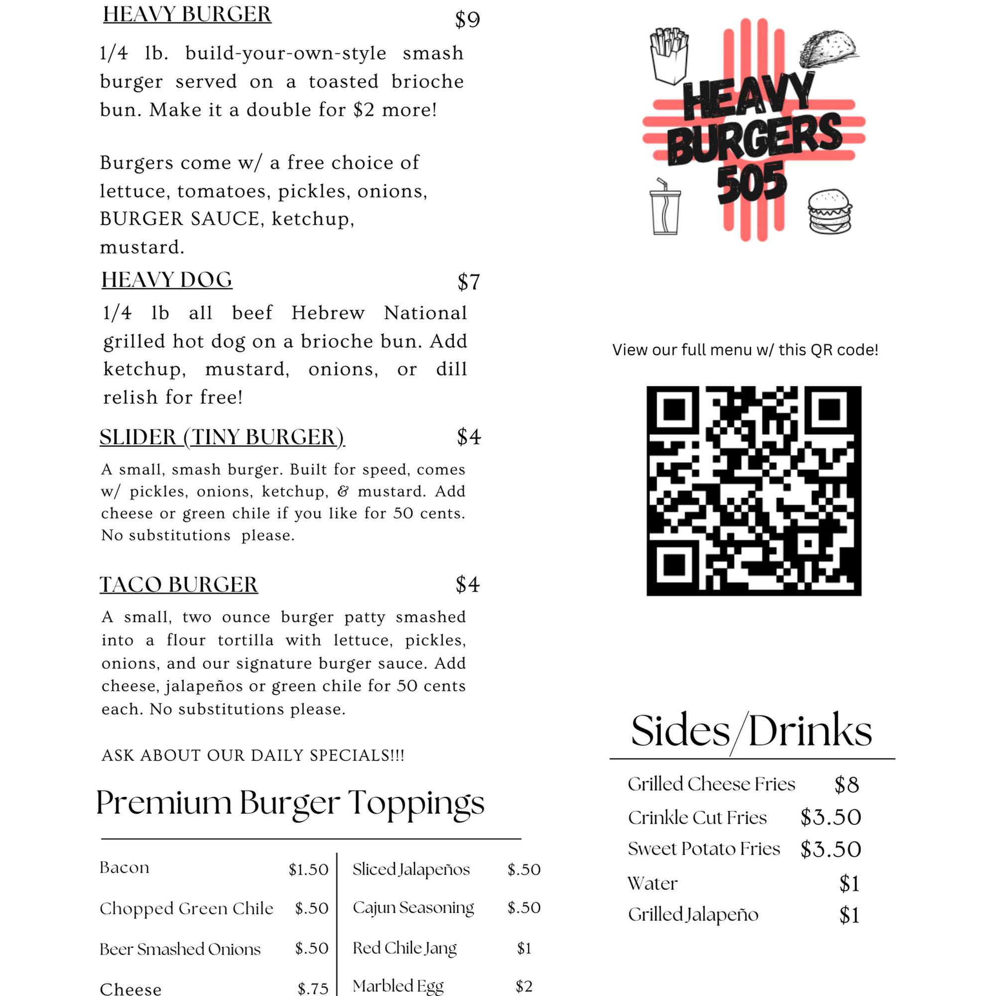 Heavy Burgers 505 Menu