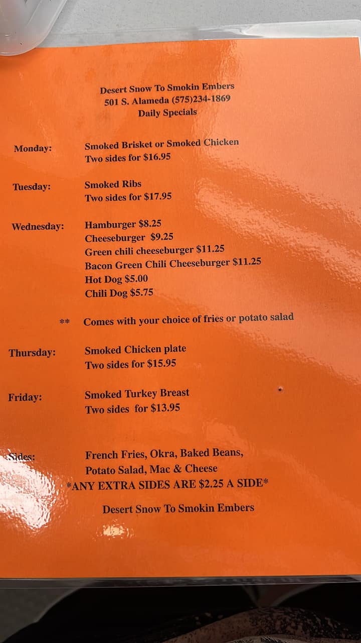 Desert Snow to Smoking Embers Menu