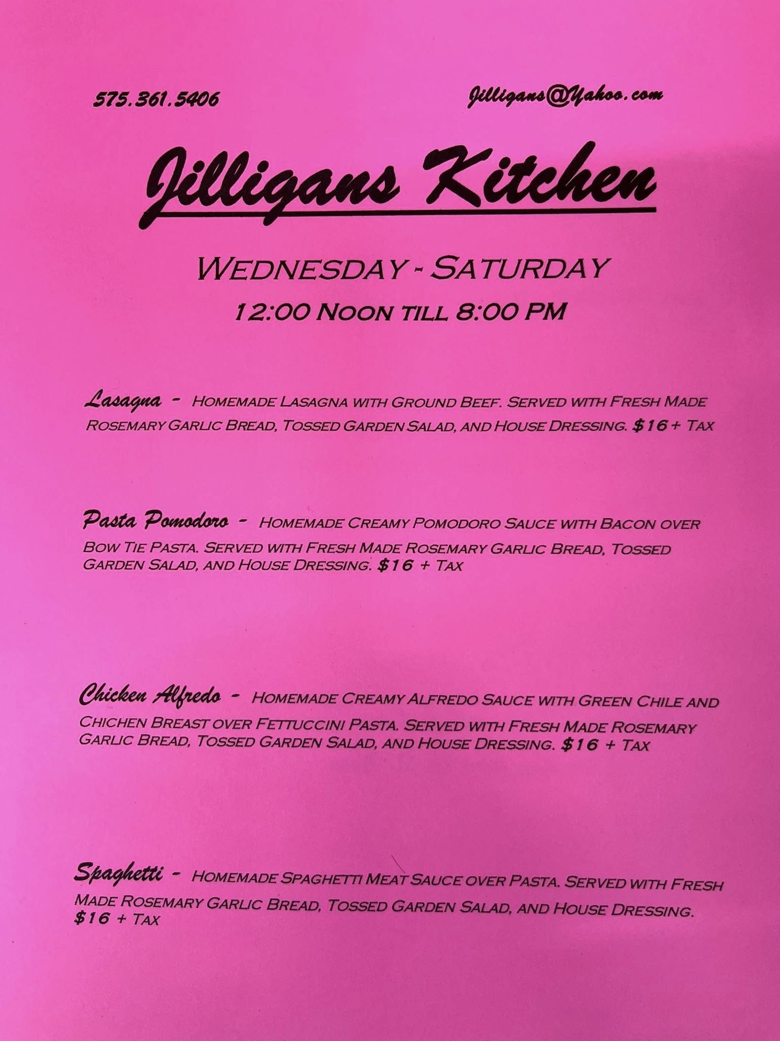Jilligans Menu