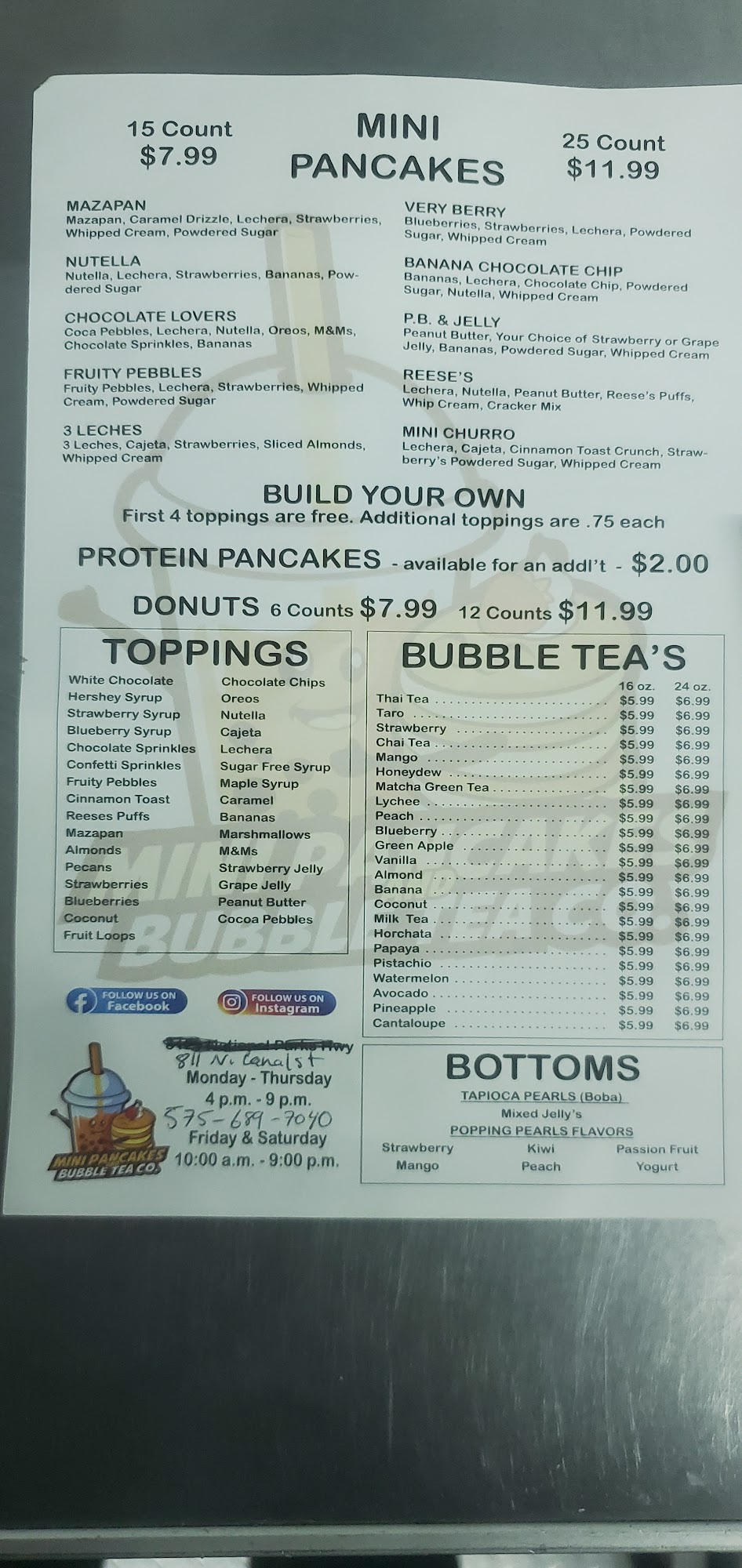 Mini Pancakes and Bubble Tea LLC Menu