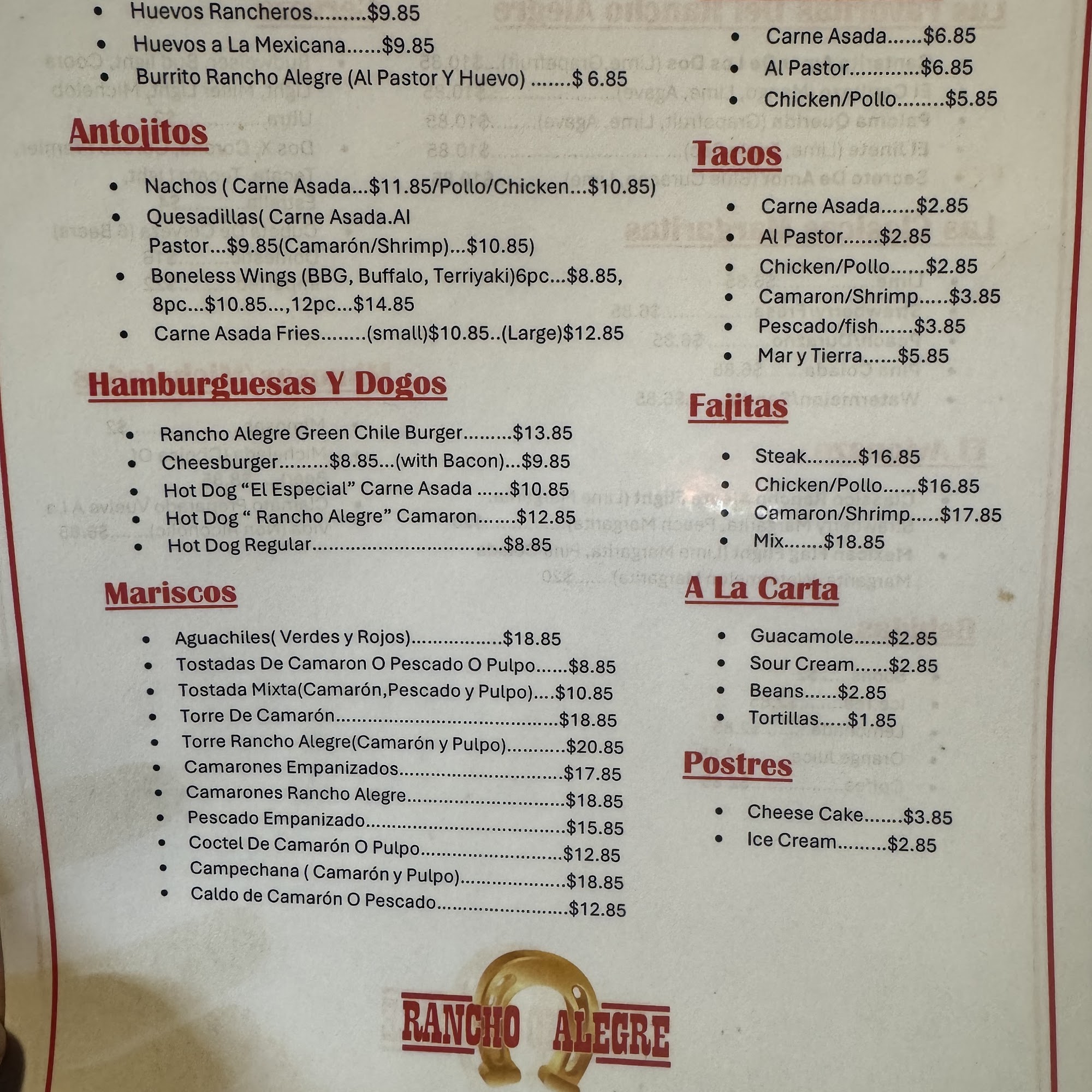 Rancho Alegre Mexican Grill Menu