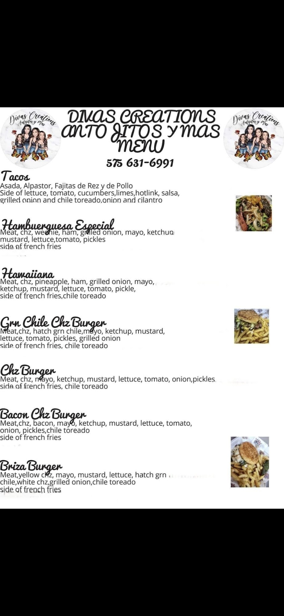 Divas Creations Antojitos y Mas Llc Menu