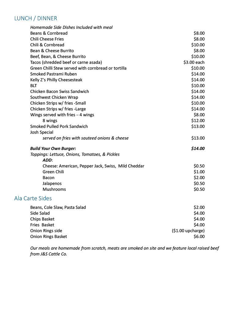 The Gatherin Place II in Pie Town Menu