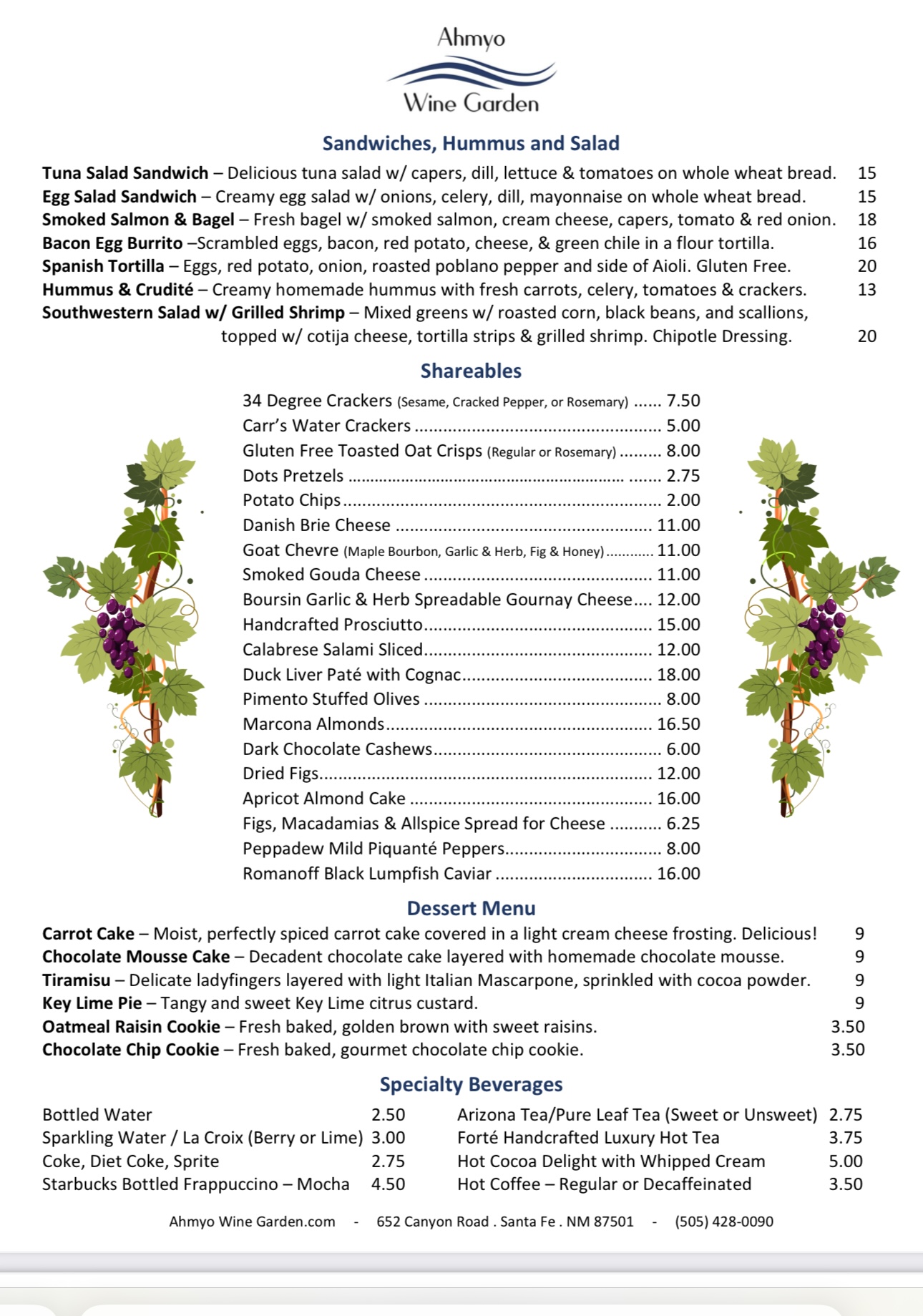 Ahmyo Wine Garden Menu