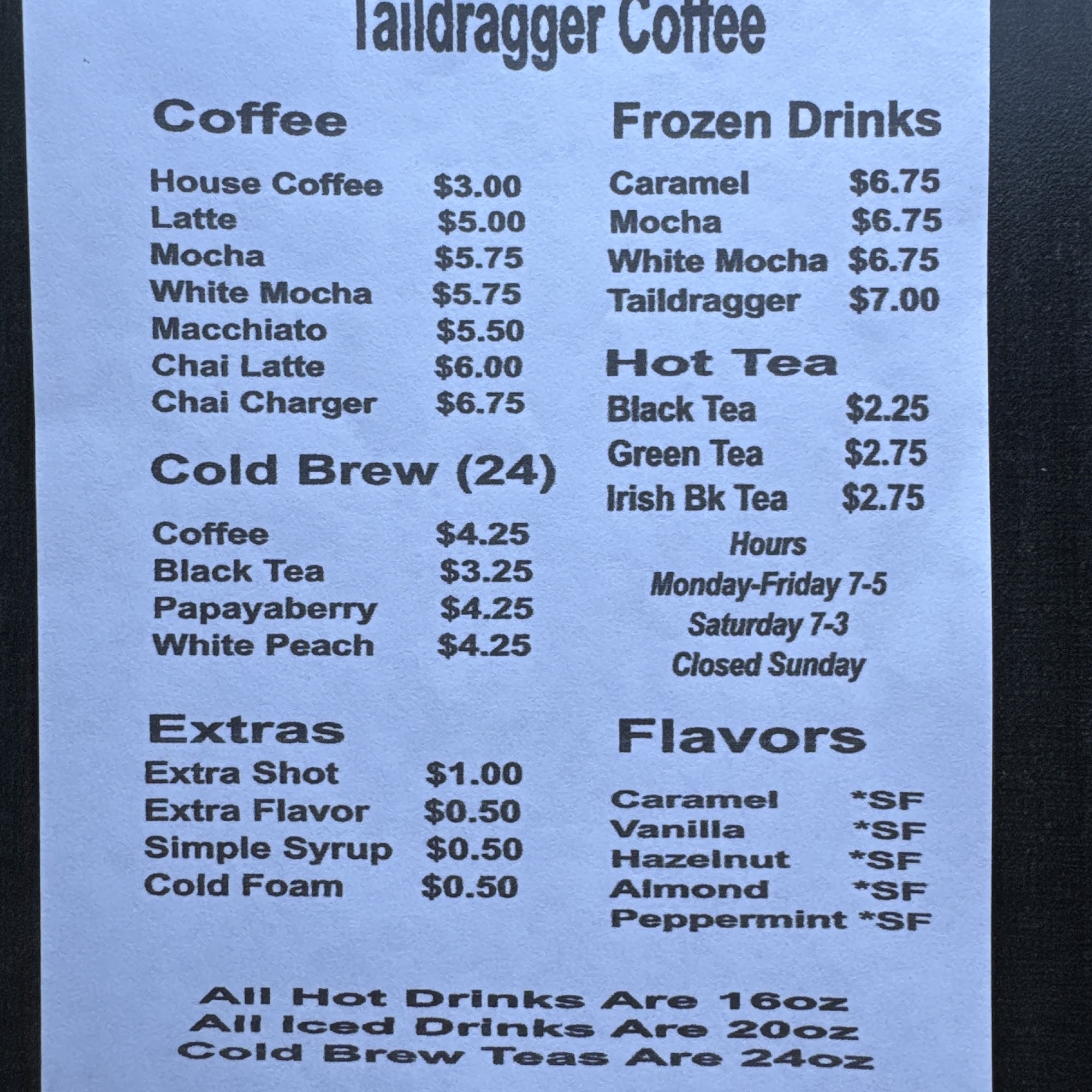Taildragger Coffee & Tea House Menu