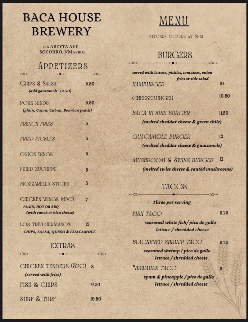 Baca House Brewery LLC Menu