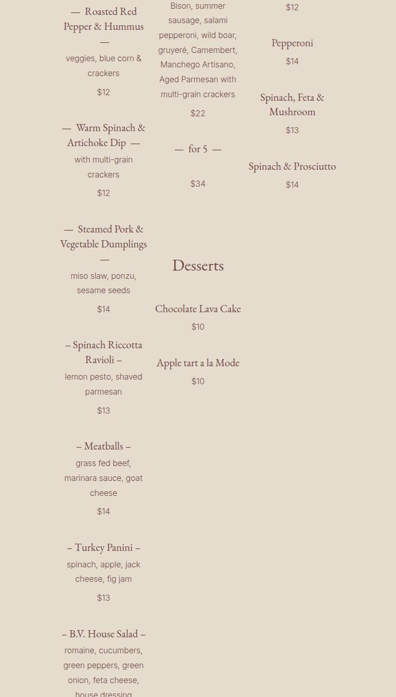 Barra Vino Menu