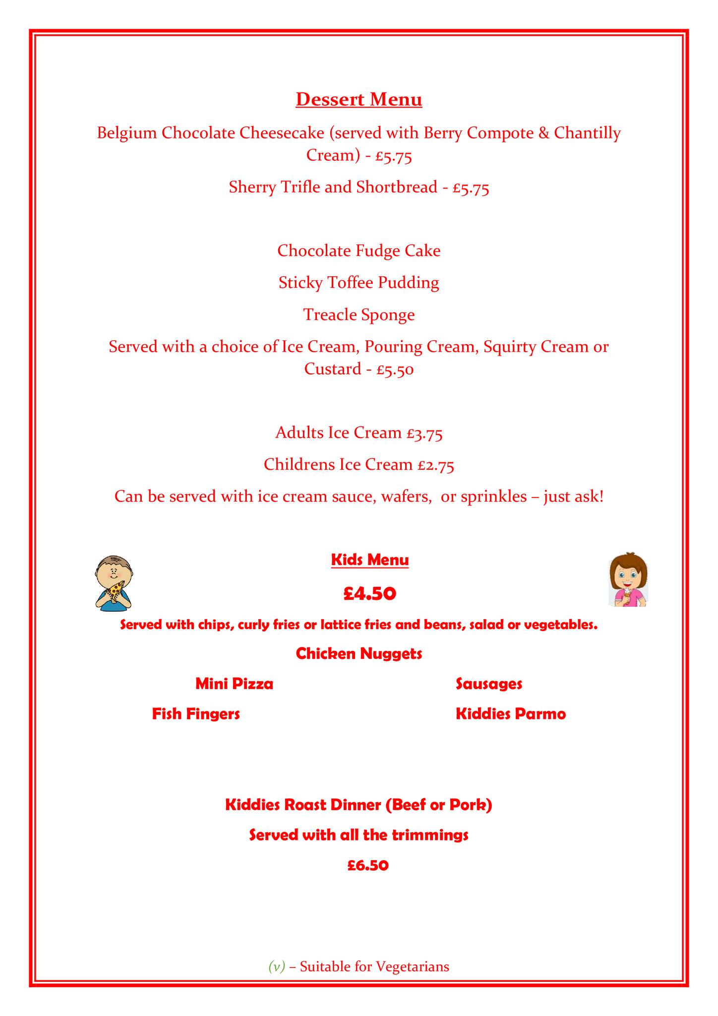 KasKane Holiday Cottages Menu