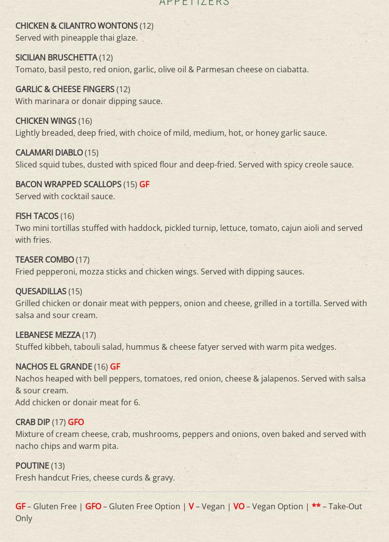 Rob Bitar's Ristorante Menu