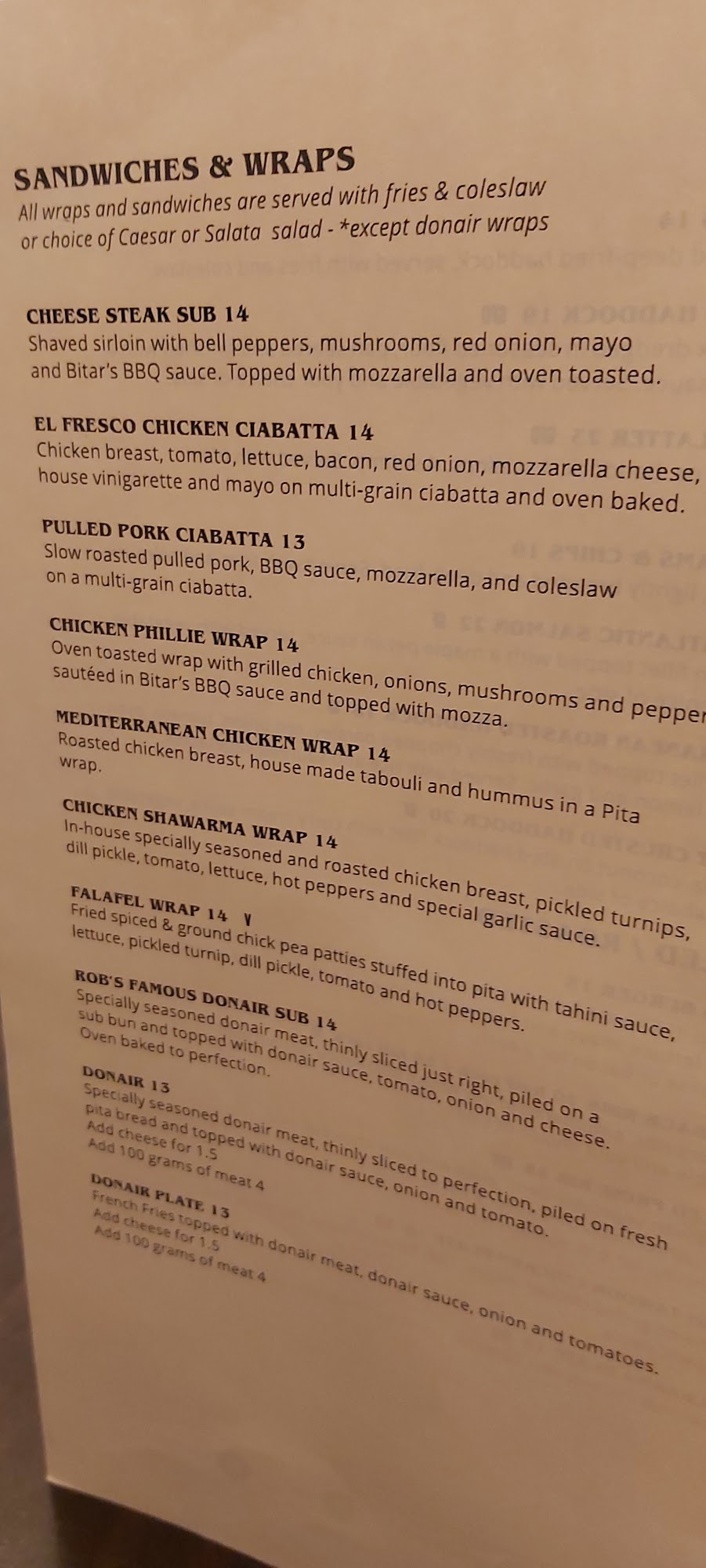 Rob Bitar's Ristorante Menu