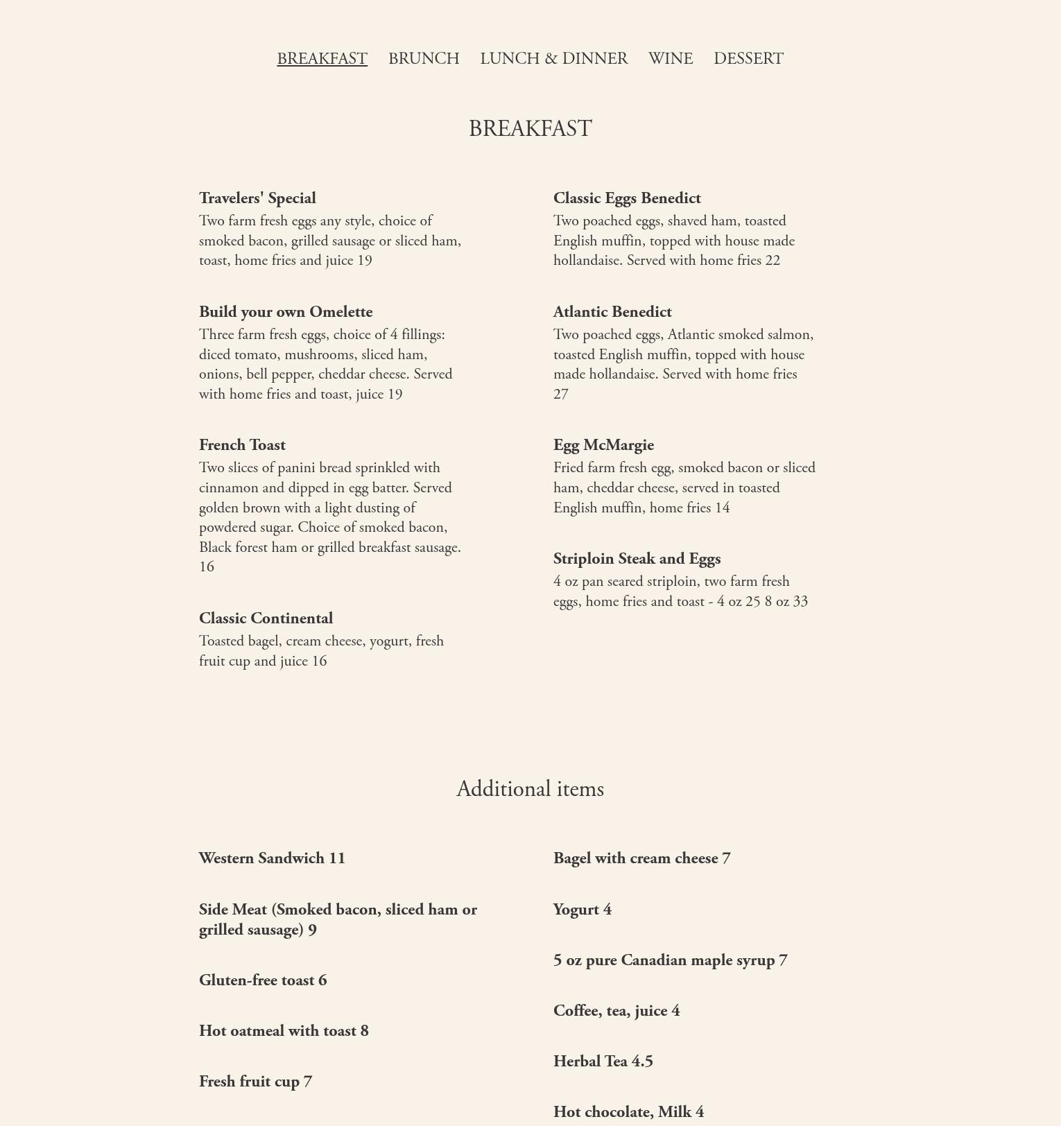 Encore Restaurant Menu