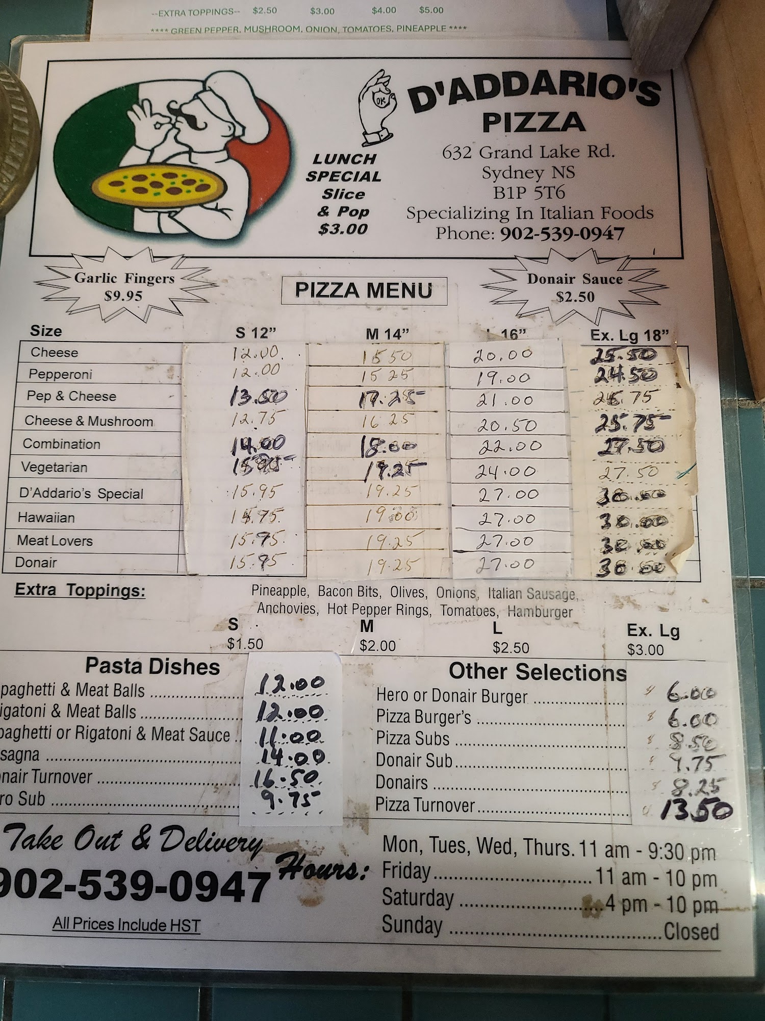 D'Addario's Pizza Menu
