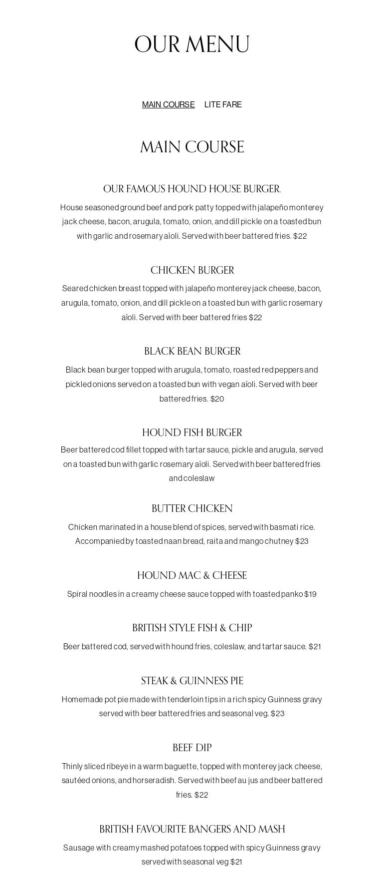The Brown Hound Menu