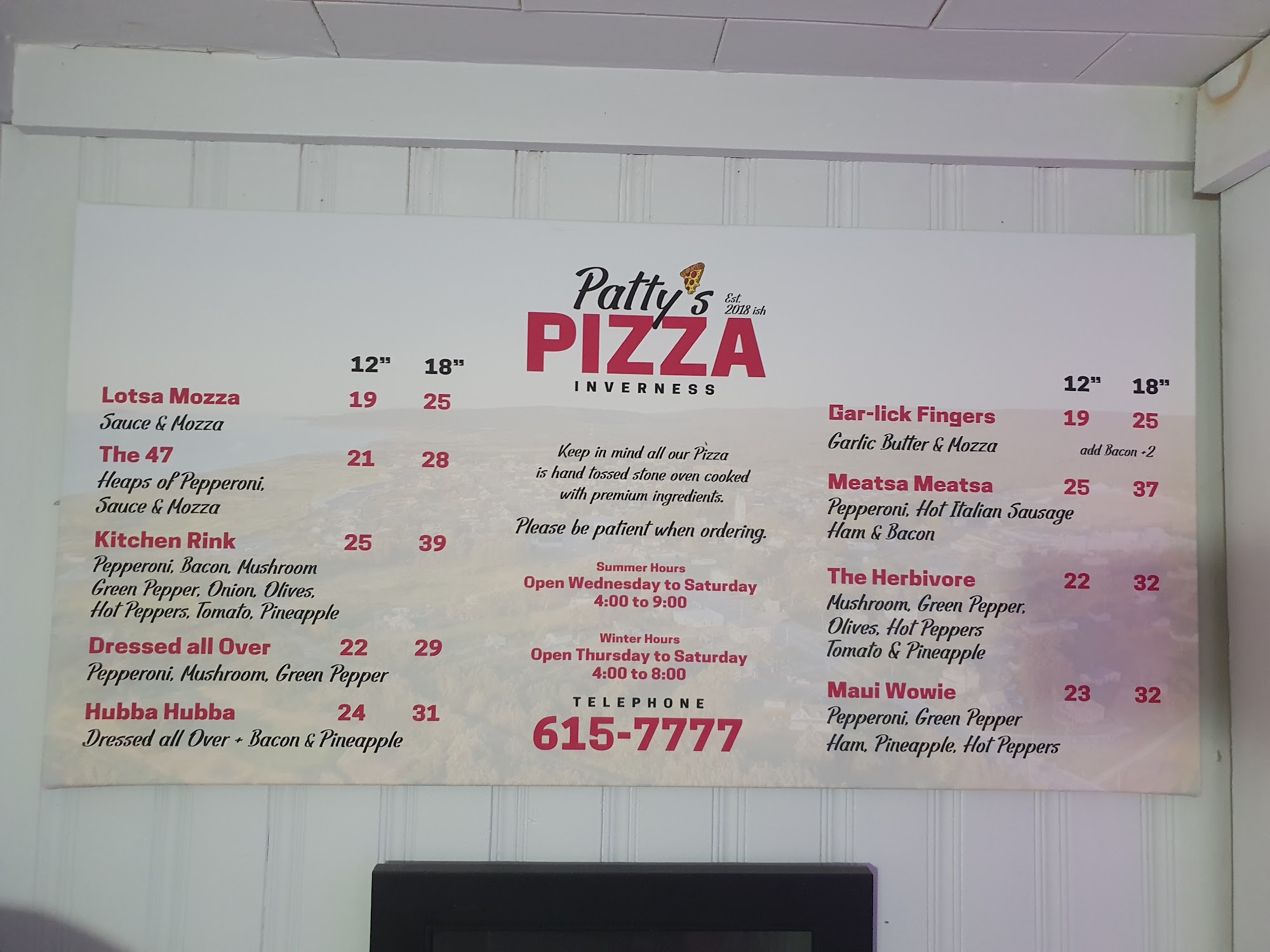 Patty's Pizza Menu