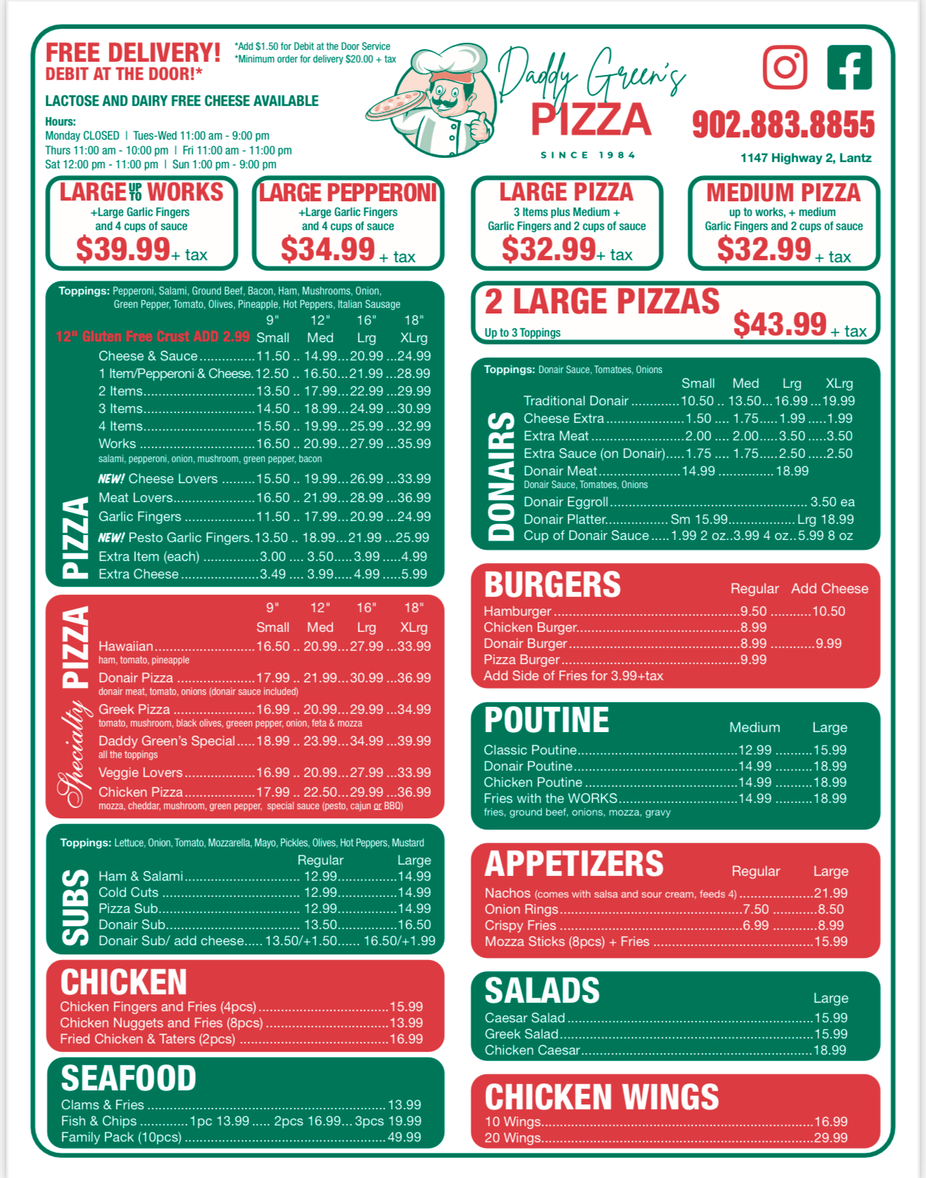 Daddy Green's Pizza Menu