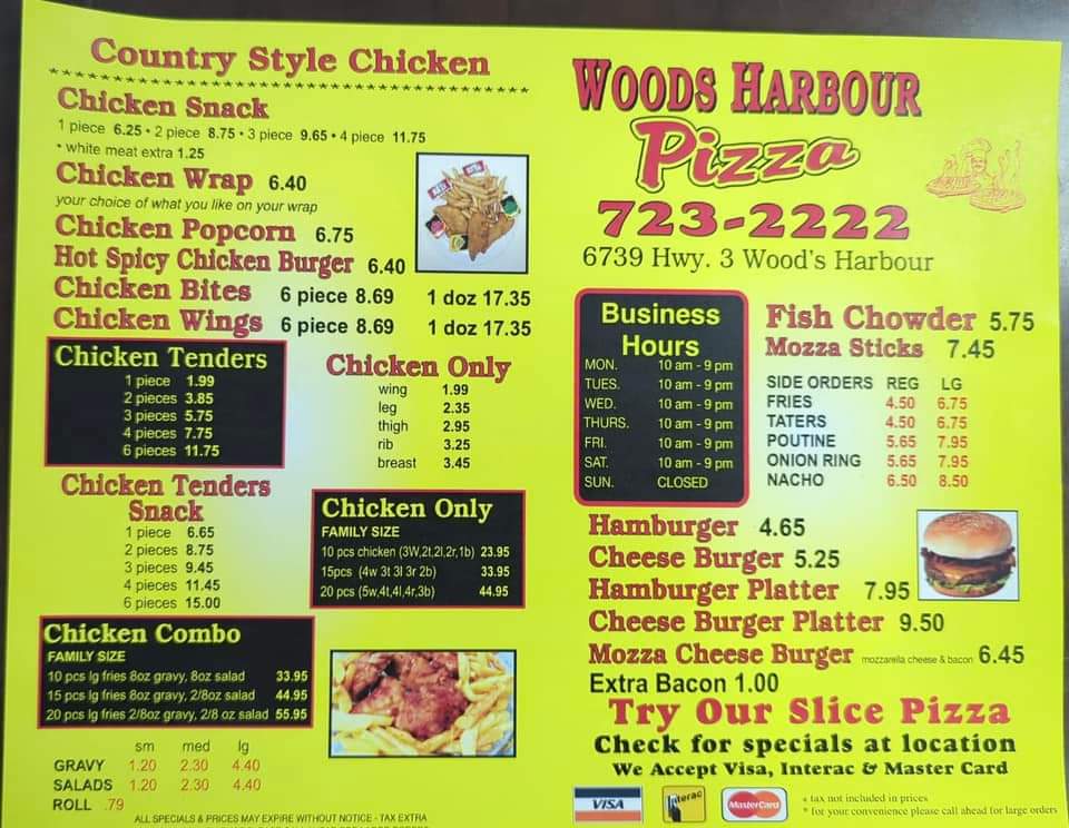 Woods Harbour Pizza Menu