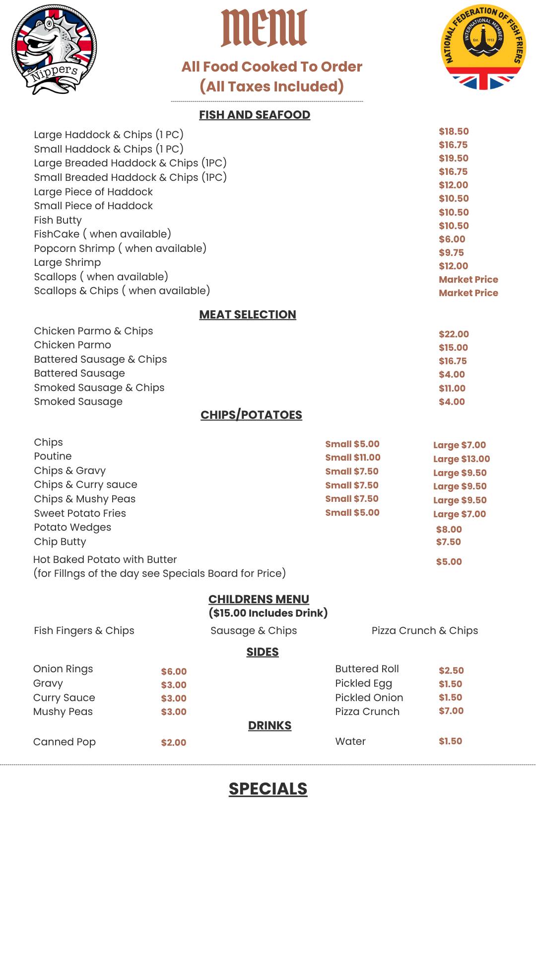 Nippers, British Fish & Chips Menu