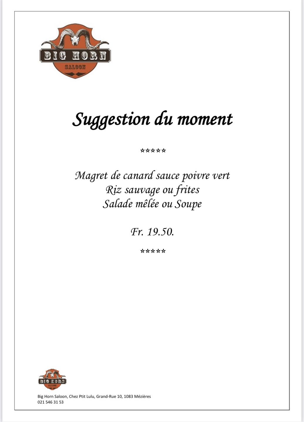 Big Horn Saloon Menu