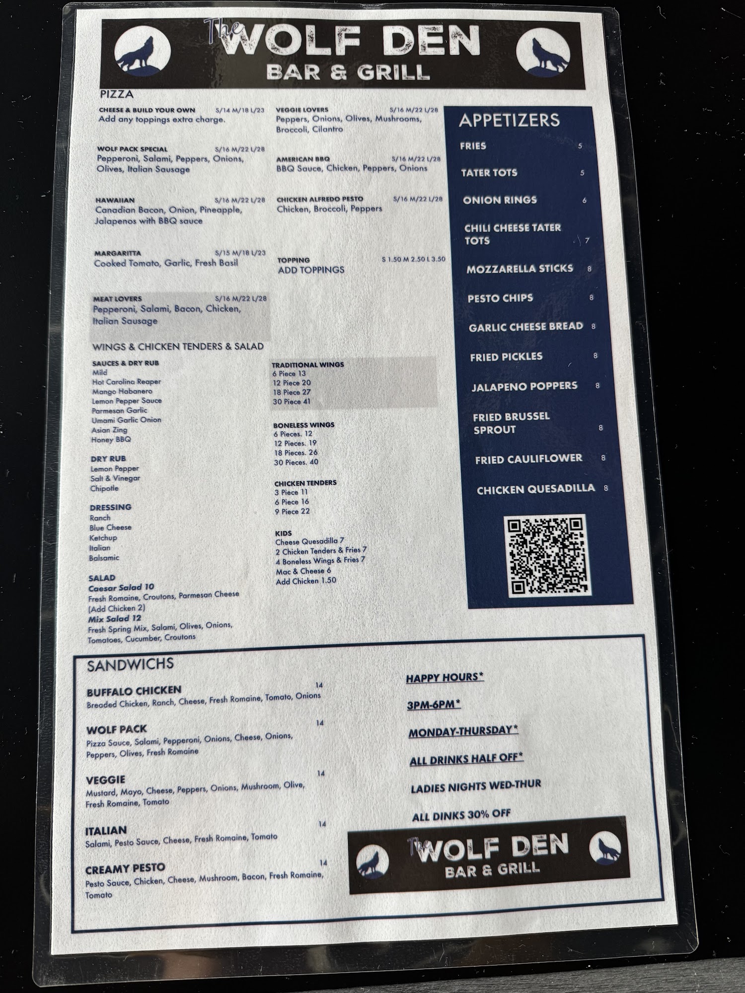 The Wolf Den Bar & Grill Menu