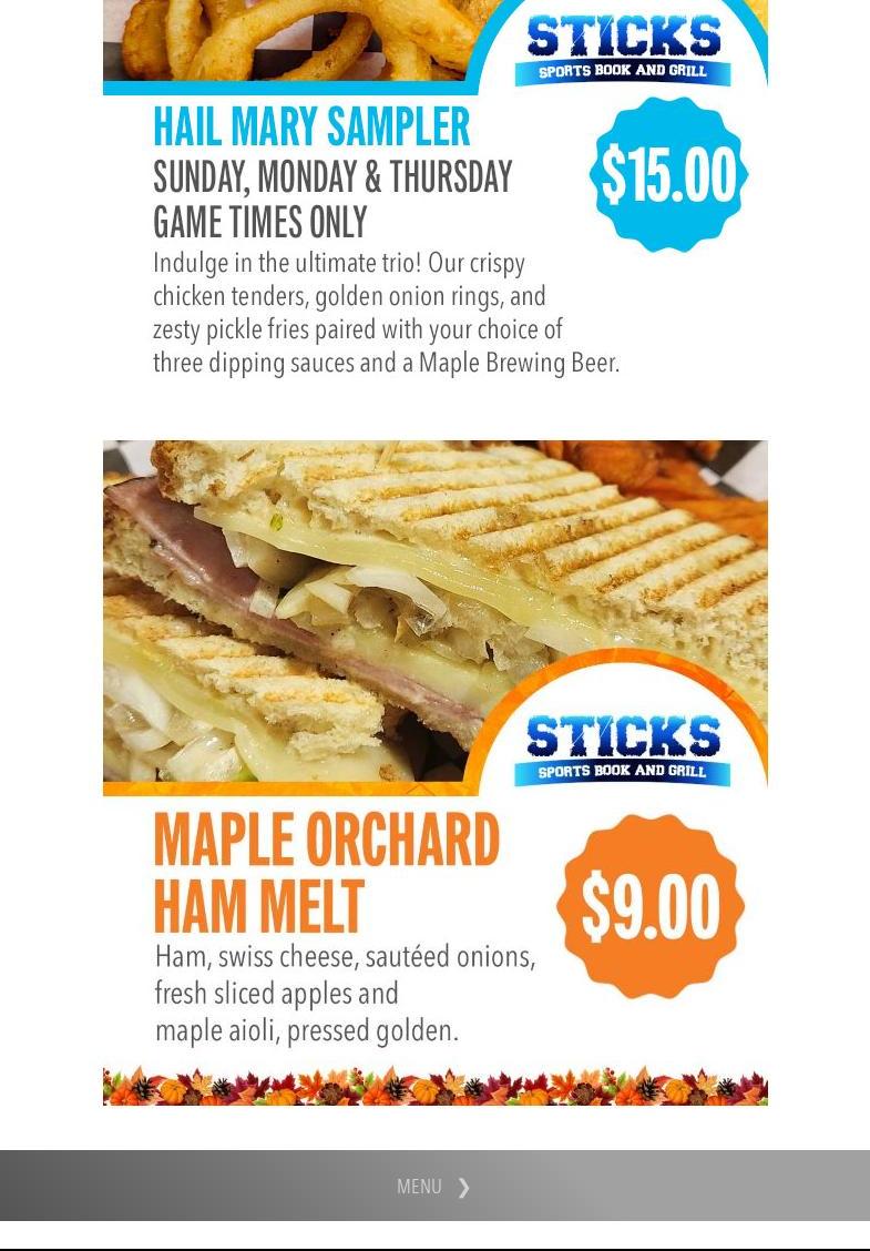 Sticks Sports Book And Grill Menu