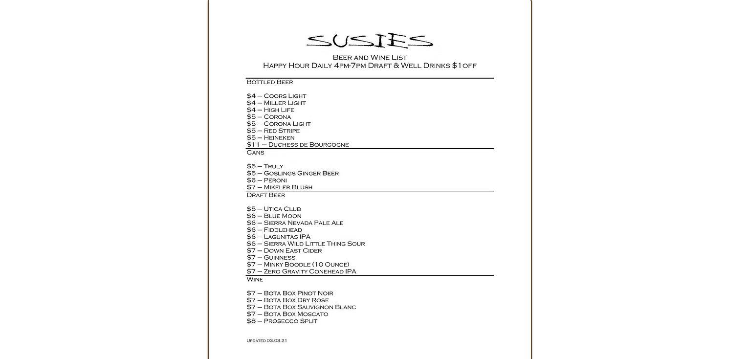 Susies Pub Menu