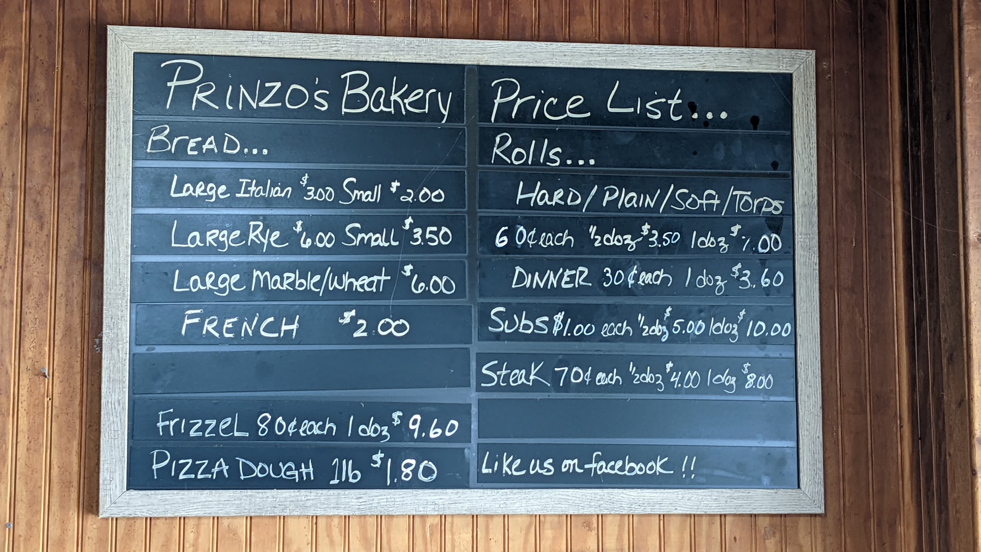 Prinzo's Bakery Menu