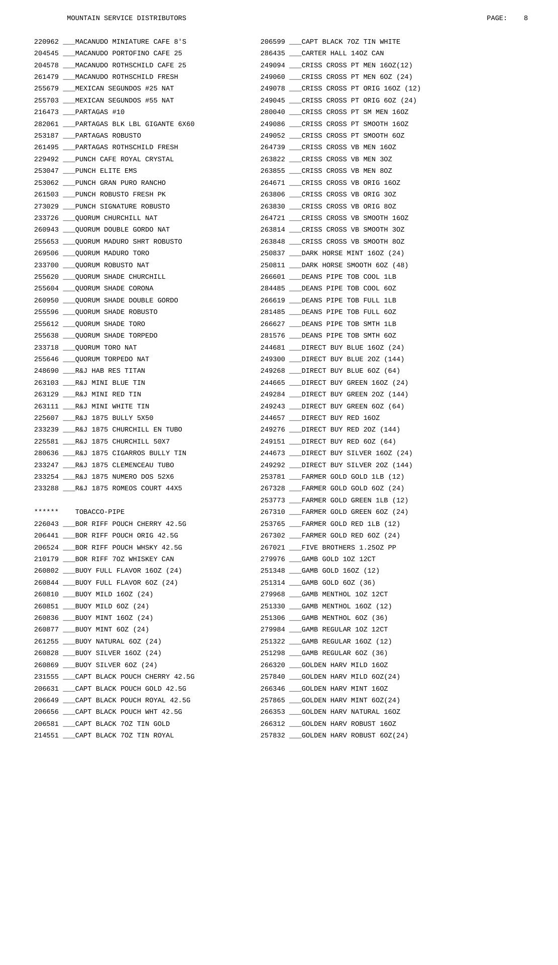 Mountain Service Distributors Menu