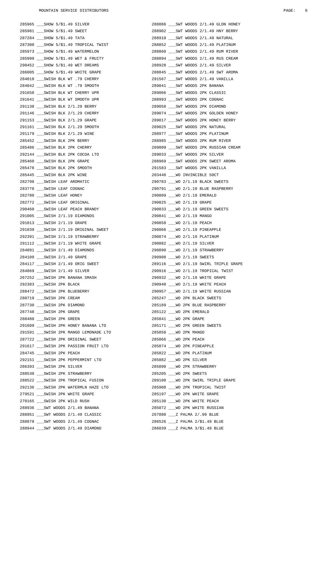 Mountain Service Distributors Menu
