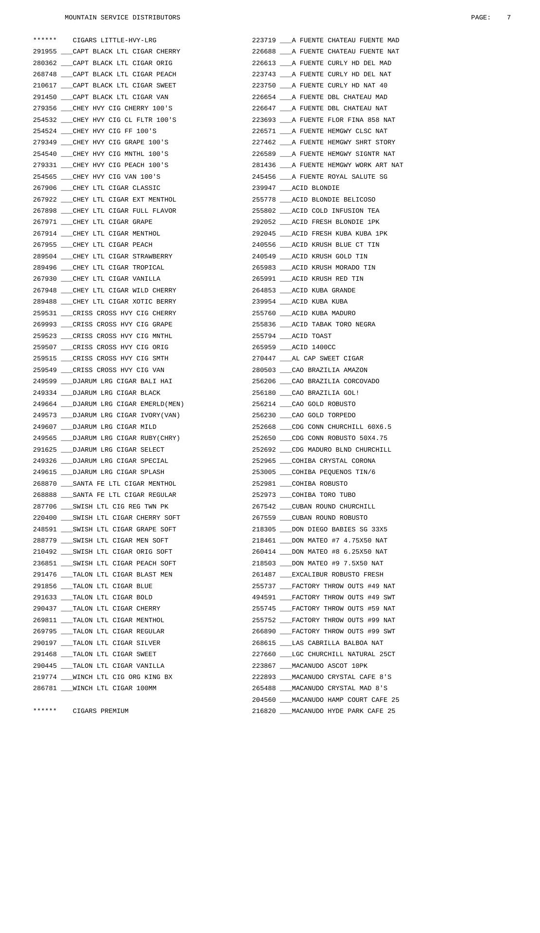 Mountain Service Distributors Menu