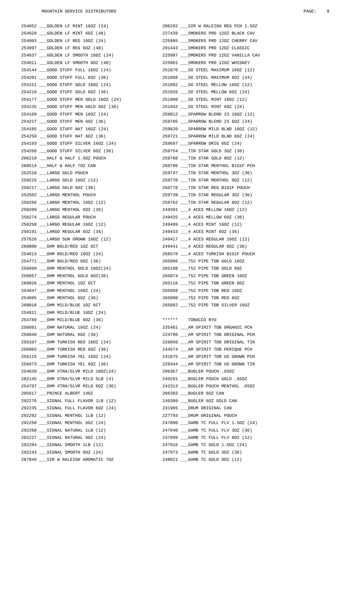 Mountain Service Distributors Menu