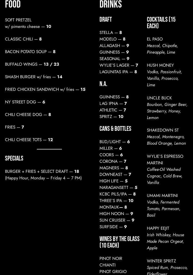 Wylie's Astoria Menu