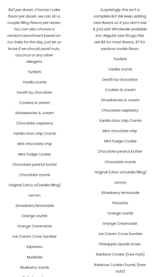 Shuga Pie Shop Menu