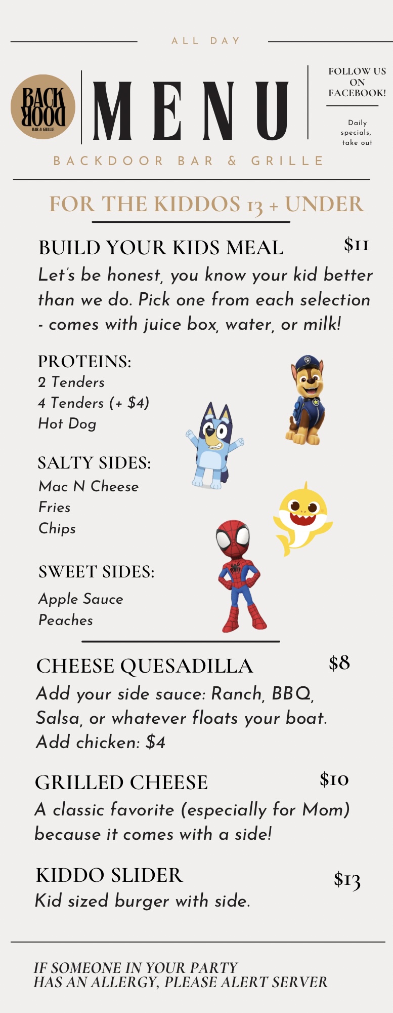 Backdoor Bar & Grille Menu