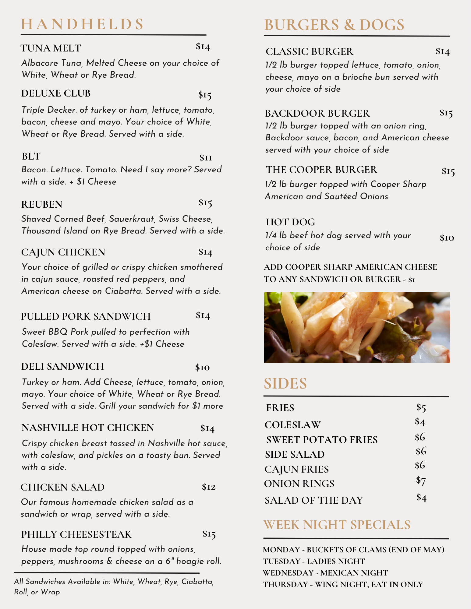 Backdoor Bar & Grille Menu