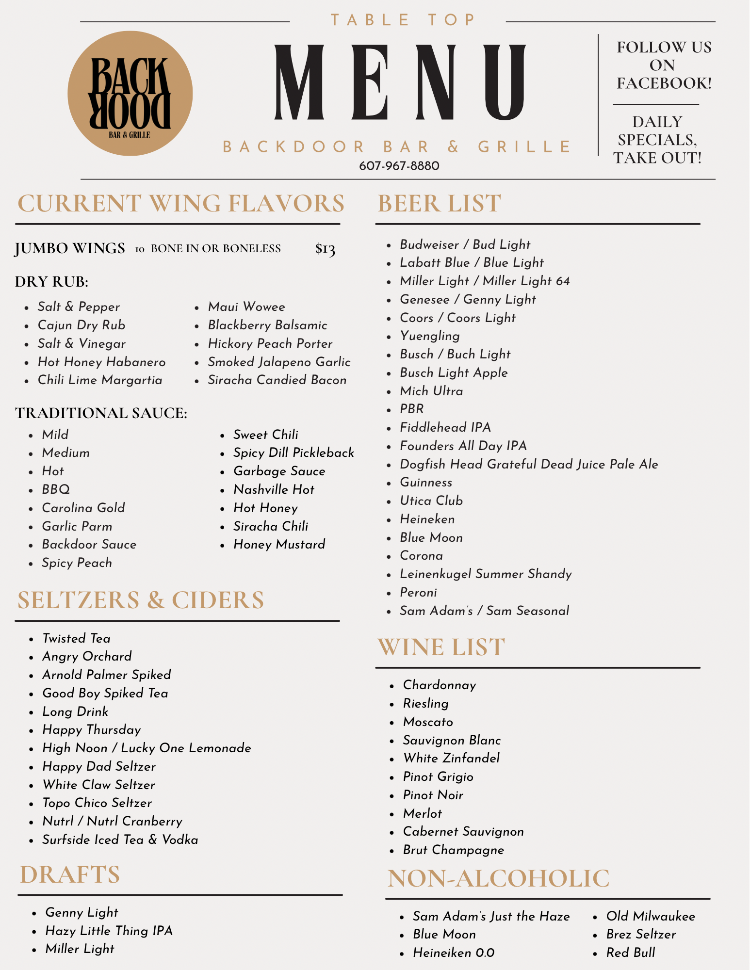 Backdoor Bar & Grille Menu